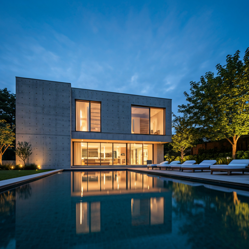 Minimalist architectural residence at twilight